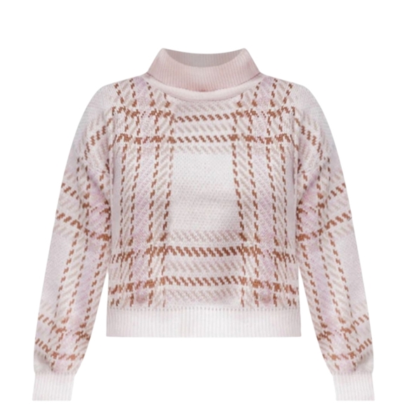 Plaid Cowl Neck Knit Cropped Boxy Sweater  Neutral blush Pink and Brown Sz S - Picture 7 of 10